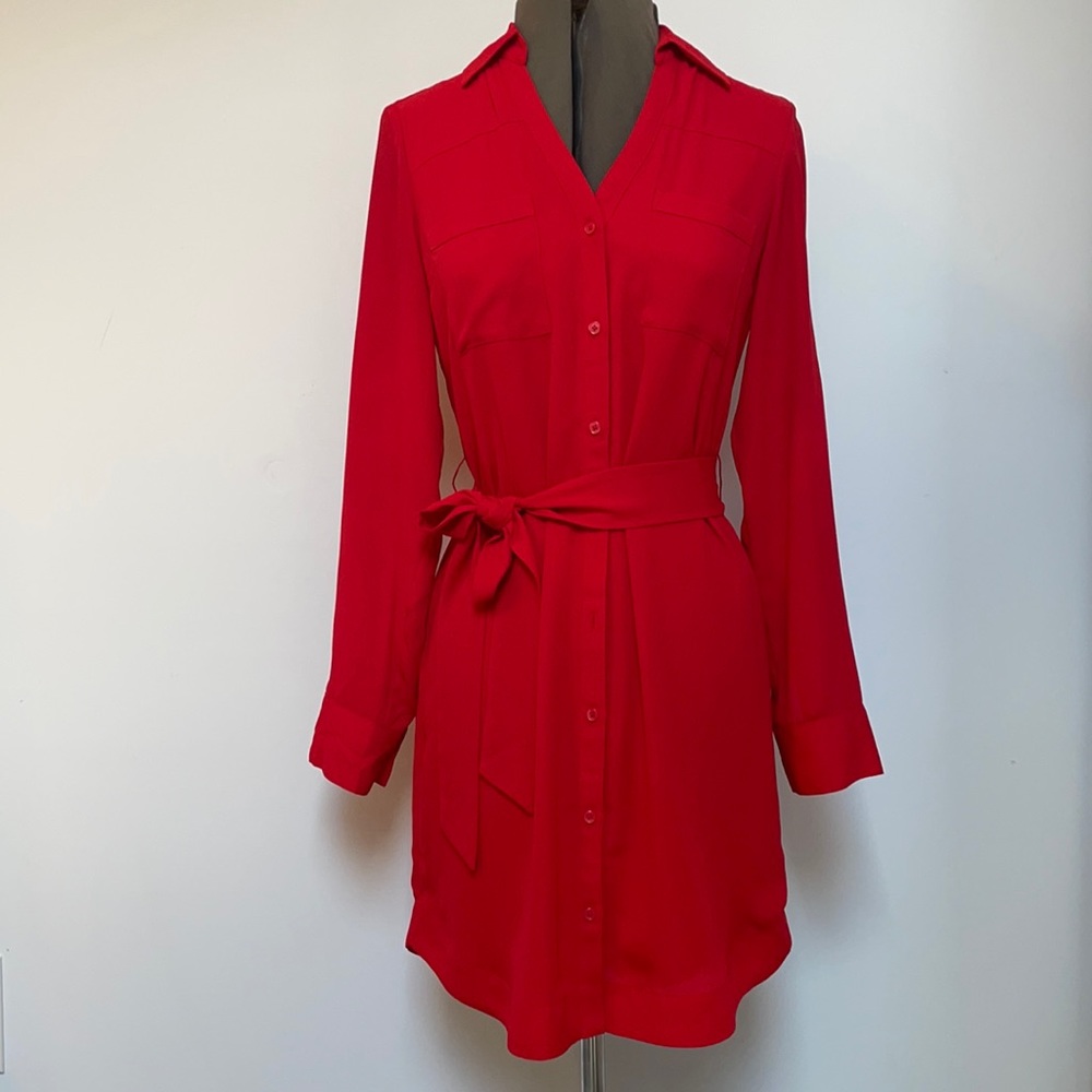 Express red chiffon belted shirt dress